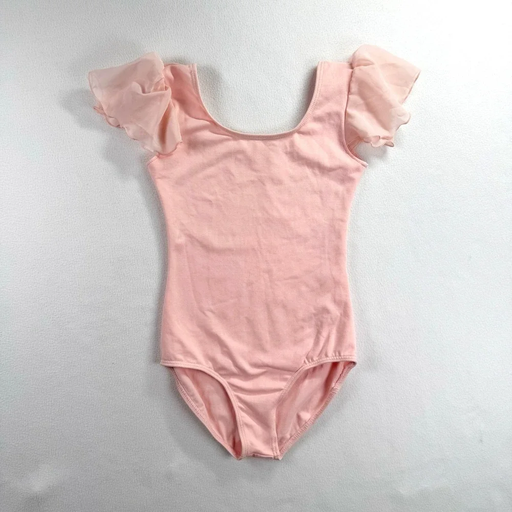 Girls Pink Flutter Sleeve Ballet Leotard Scoop‎ Neck Dance Gymnastics Size M